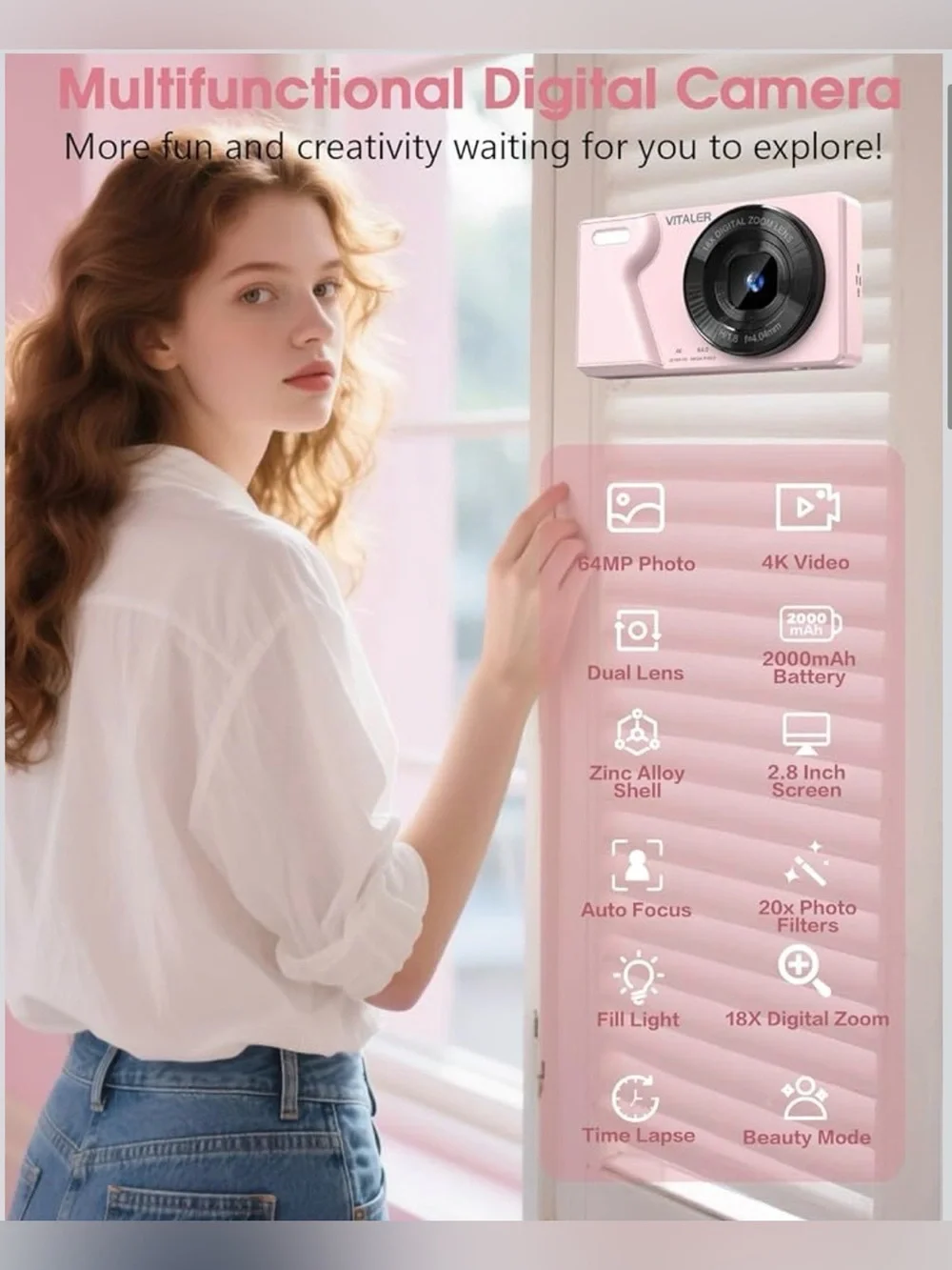 Digital Camera with Front Rear Lens, Autofocus 64MP 4K Camera for Photography